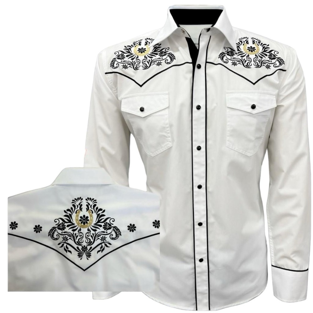 Texas Cowboy White Shirt with Black Embroidery
